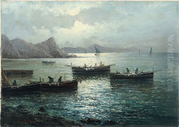 Seascape With Numerous Fishing Boats Oil Painting by Vincenzo d' Auria