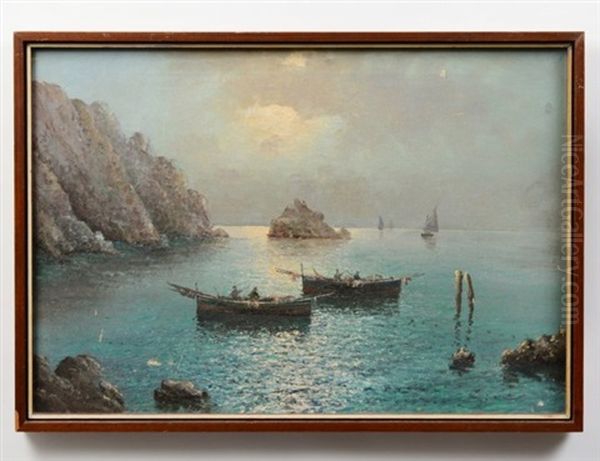 Neapolitan Coast With Fishermen. Verso Signed D'auria In Pencil On Oil Painting by Vincenzo d' Auria