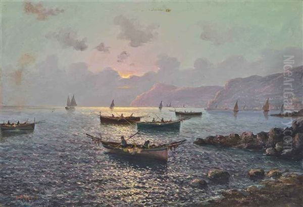 Fishing Vessels Off The Bay Of Naples Oil Painting by Vincenzo d' Auria