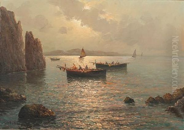 Fishing Boats Off The Coast At Capri Oil Painting by Vincenzo d' Auria