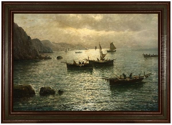 Fishing Boats Off The Coast Of Capri Oil Painting by Vincenzo d' Auria