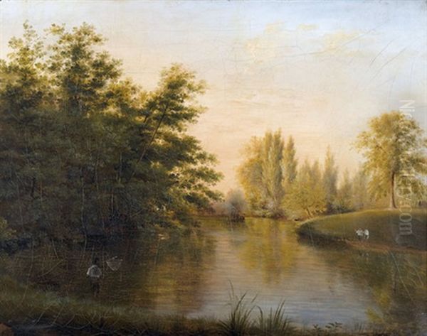 Idyllische Flussuferpartie Mit Netzfischern Oil Painting by Charles Joseph Auriol