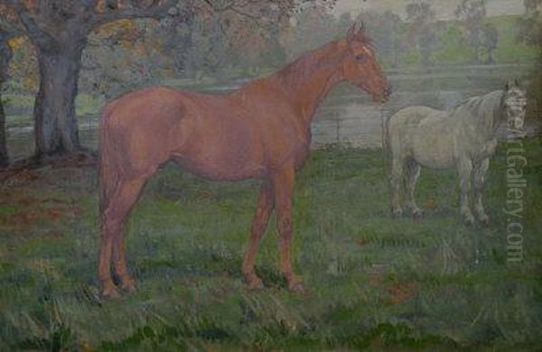 Horses In A Meadow Oil Painting by Joseph Denovan, Adam Jnr.