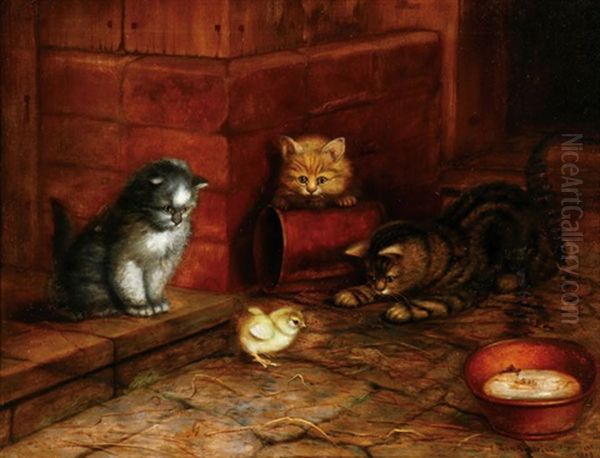 Just In Time For Dinner-three Cats And A Chick by Ben Austrian