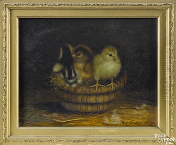 Three Chicks In A Rye Straw Basket Oil Painting by Ben Austrian