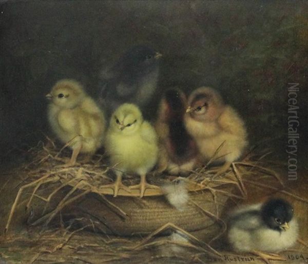 Chicks In Basket, 1904 Oil Painting by Ben Austrian