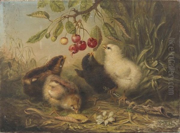 Chicks And A Branch Of Cherries Oil Painting by Ben Austrian