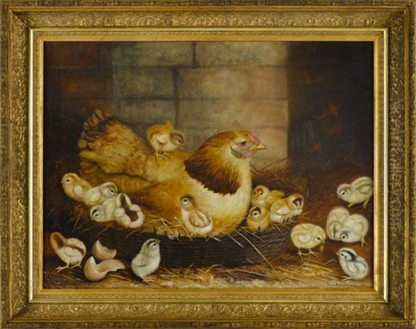 Hen On A Nest With Sixteen Chicks Oil Painting by Ben Austrian