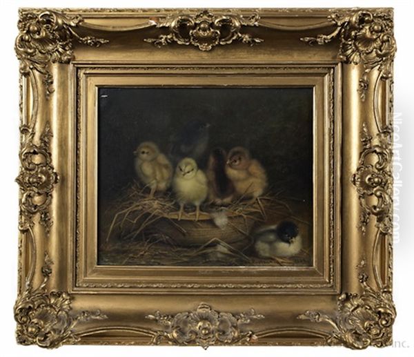 Six Chicks Playing In A Basket Of Straw Oil Painting by Ben Austrian