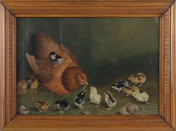 Hen And Thirteen Chicks Oil Painting by Ben Austrian