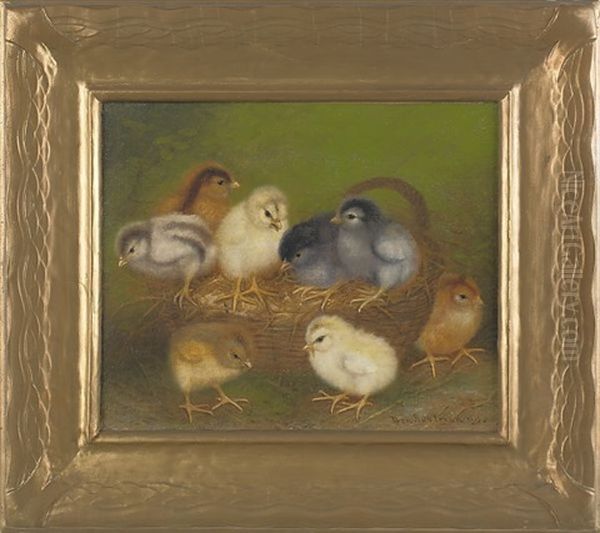 Eight Chicks And A Basket Oil Painting by Ben Austrian