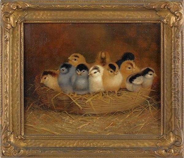 Ten Chicks In A Basket Oil Painting by Ben Austrian