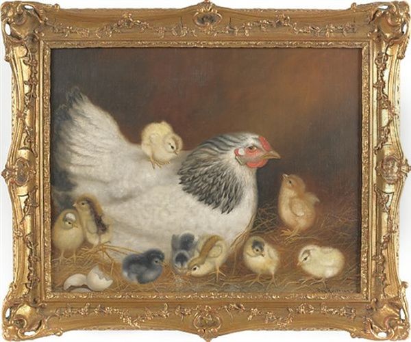 Hen And Nine Chicks Oil Painting by Ben Austrian