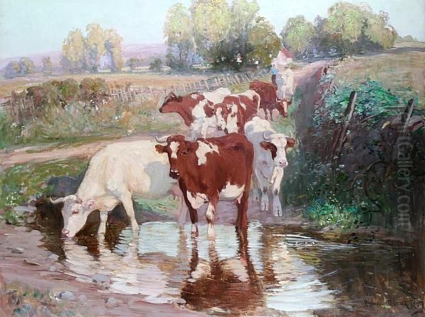 Cattle On A Lane Watering At A Stream Oil Painting by Joseph Denovan, Adam Jnr.