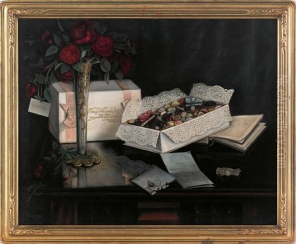 Still Life With Roses, Box Of Chocolates, Etc. Oil Painting by Ben Austrian