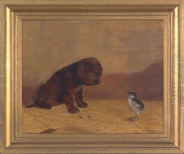 A Chick And Puppy Oil Painting by Ben Austrian