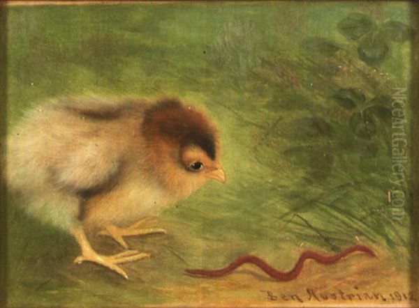 Chick Chasing A Worm Oil Painting by Ben Austrian