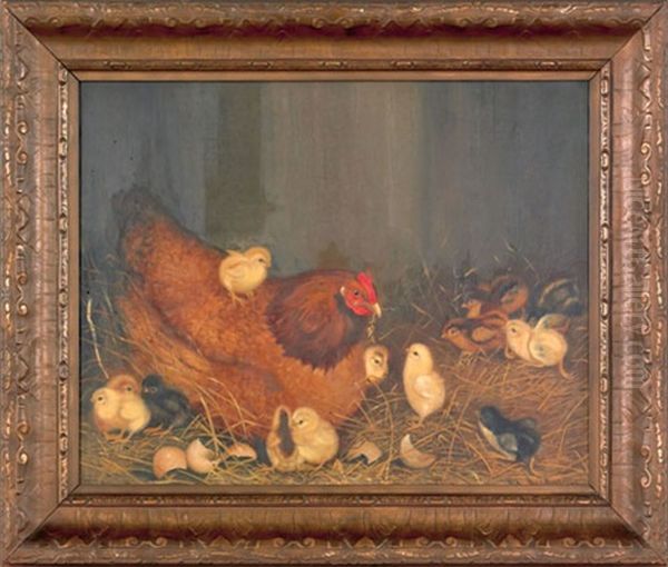 Hen And Thirteen Chicks Oil Painting by Ben Austrian