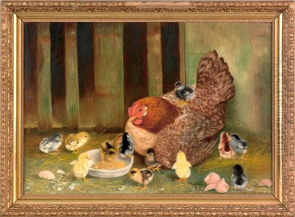 Of A Hen And Thirteen Chicks Oil Painting by Ben Austrian