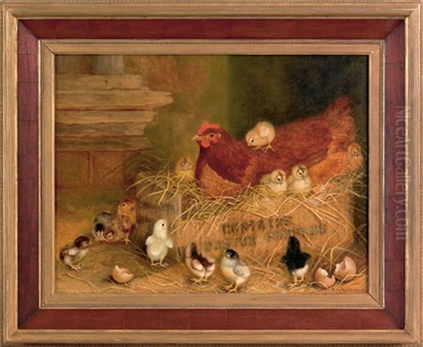 Hen And Thirteen Chicks Oil Painting by Ben Austrian