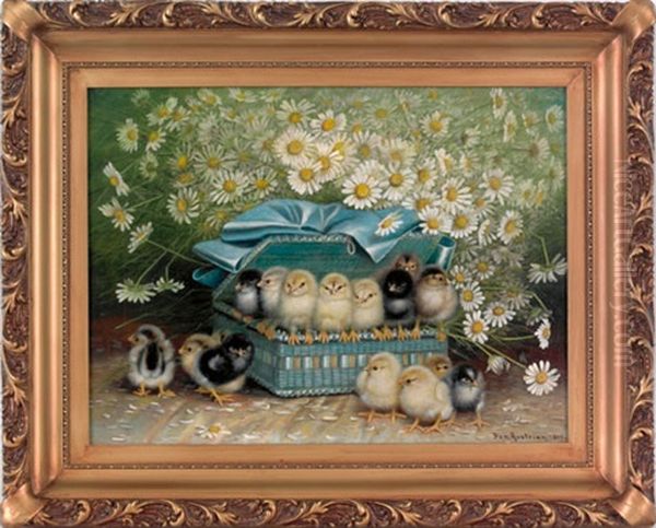 Fifteen Chicks In A Basket Surrounded By Daisies Oil Painting by Ben Austrian