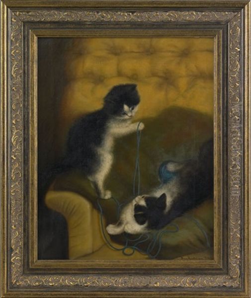 Two Kittens Playing With A Ball Of Yarn by Ben Austrian