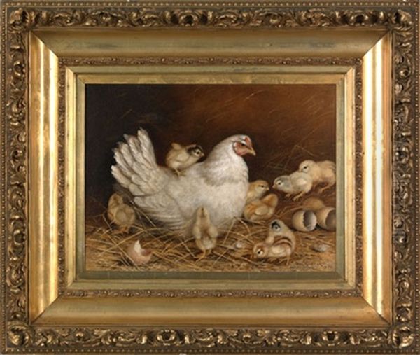 Hen And Nine Chicks Oil Painting by Ben Austrian