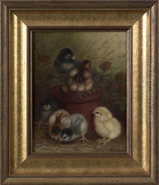 Six Chicks And A Flowerpot Oil Painting by Ben Austrian