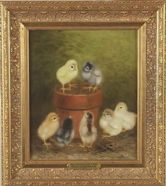 Clay Flower Pot With Chickens Oil Painting by Ben Austrian