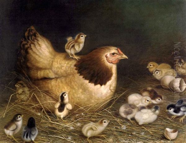 Barn Scene With Hen And 14 Chicks Oil Painting by Ben Austrian