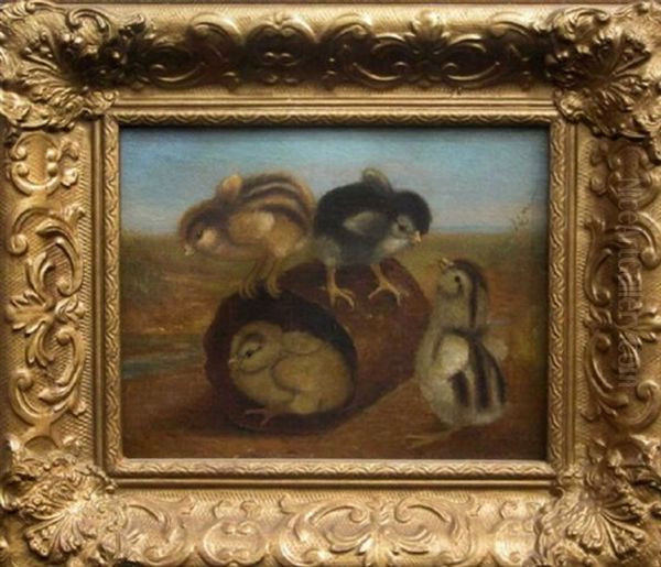 Group Of Four Chicks Playing On A Tin Can Oil Painting by Ben Austrian