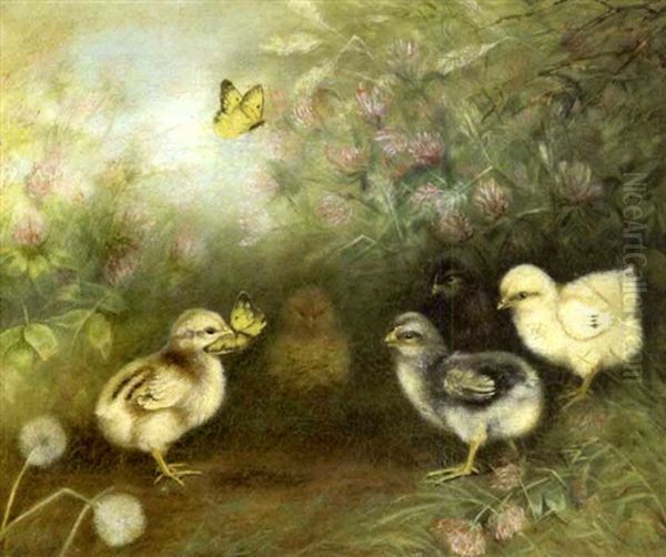 Scene Of Five Chicks Chasing Butterflies Oil Painting by Ben Austrian