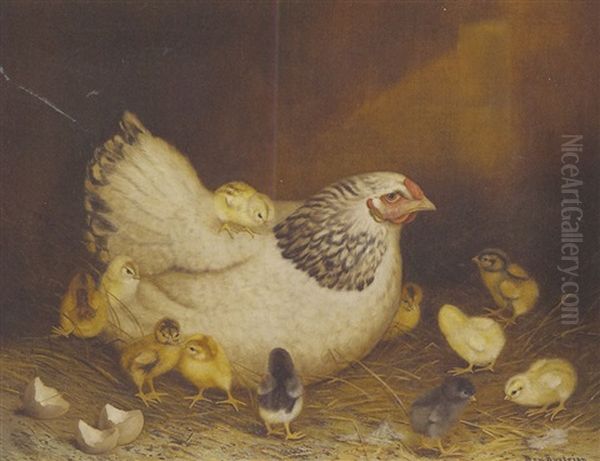 Scene Of A Hen And Her Eleven Chicks, With Empty Shells In The Foreground Oil Painting by Ben Austrian