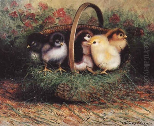 Five Chicks In Oak Splint Basket Nest Oil Painting by Ben Austrian