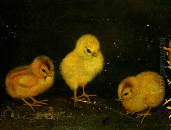 Three Chicks Watching An Ant Oil Painting by Ben Austrian