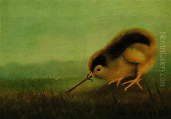 Chick Pulling On A Worm Oil Painting by Ben Austrian