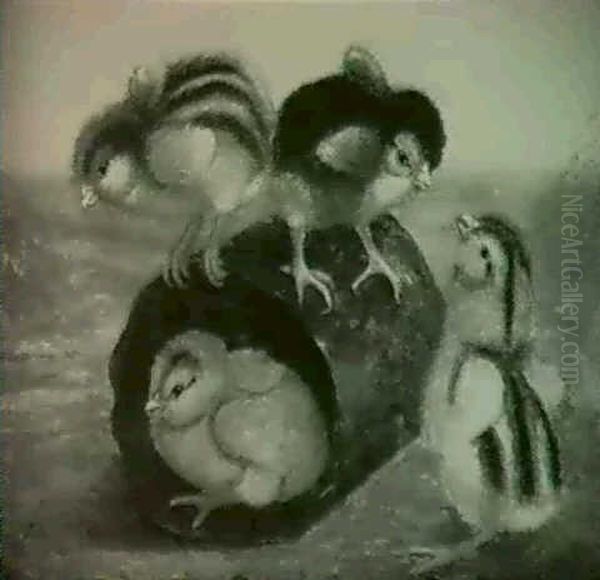 Chicks Playing With Tin Can Oil Painting by Ben Austrian