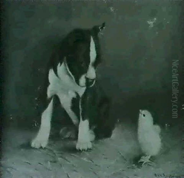 Pup And Chick Oil Painting by Ben Austrian