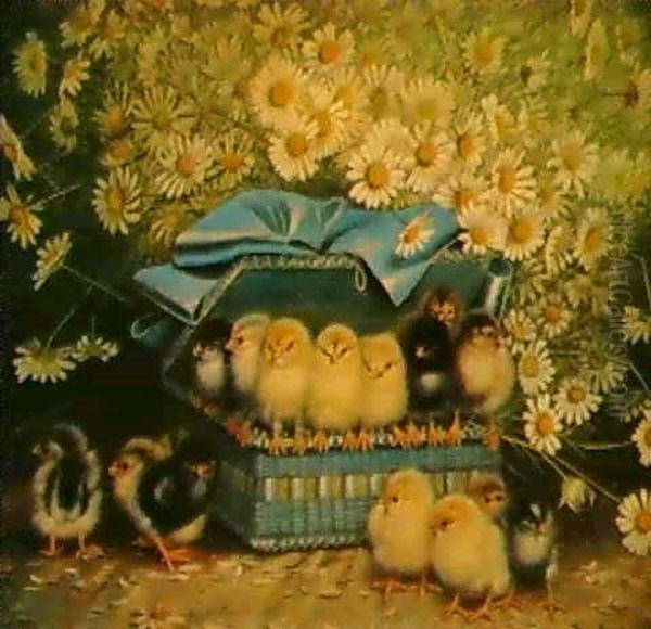 Chicks In A Blue Basket Oil Painting by Ben Austrian