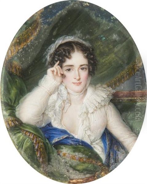 Jeune Femme Accoudee Dans Un Sofa Sur Fond De Rideau Vert A Franges Dorees, En Robe Blanche Tres Decolletee Oil Painting by Louis Marie Autissier