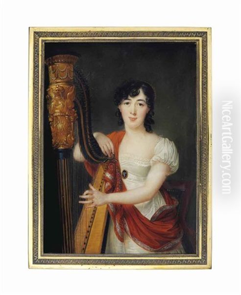 A Young Lady Tuning A Harp, In Decollete White Dress, Wearing Belt With Black And White Cameo Clasp, Embroidered Orange Cashmere Shawl, Dark Curling Hair Set With A Hair Band Oil Painting by Louis Marie Autissier