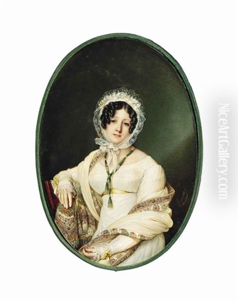 Princess Louise Adelaide D'orleans (1777-1847), Seated On A Wooden Chair, In White Silk Dress With Lace Sleeves And Frilled Cuffs, Yellow Sash Around Waist And Tied In Bows At Cuffs Oil Painting by Louis Marie Autissier