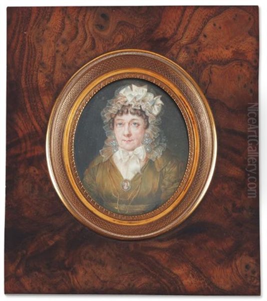 Portrait De Madame Huy De Thys En Robe De Soie Verte Coiffee D'un Important Bonnet De Dentelle Et Portant La Miniature En Broche De Son Fils Oil Painting by Louis Marie Autissier