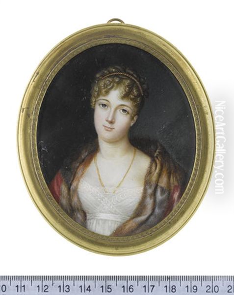 A Lady, Wearing White Dress With Lace Slip, Crimson And Fur Cloak, Double-stranded Gold Necklace, Her Blonde Hair Curled, Upswept And Dressed With... Oil Painting by Louis Marie Autissier