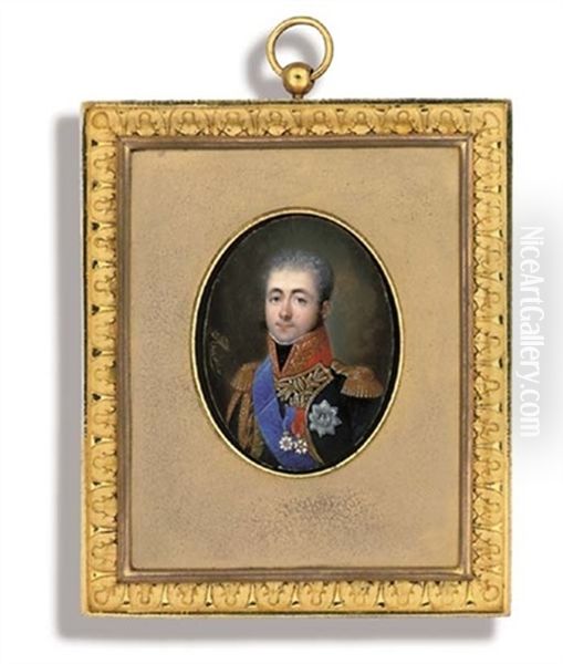 Armand Louis De Broc, Aide-de-camp To King Louis Of Holland In Major-general's Uniform With Gold-embroidered Lapels, Scarlet Collar And Epaulettes, Black Stock, Gold Aiguillettes, Blue Sash Oil Painting by Louis Marie Autissier