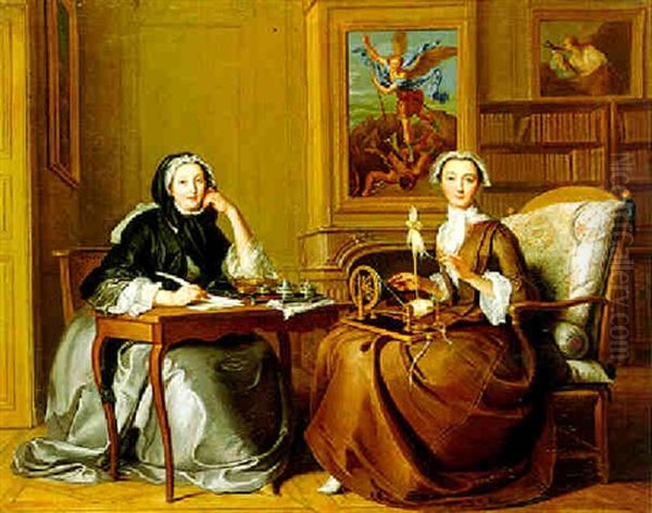 A Conversation Piece: Two Ladies In An Interior (g. De Noailles, Duchesse De Villars, And L. De Noailles, Duchesse De Caumont?) Oil Painting by Jacques Autreau