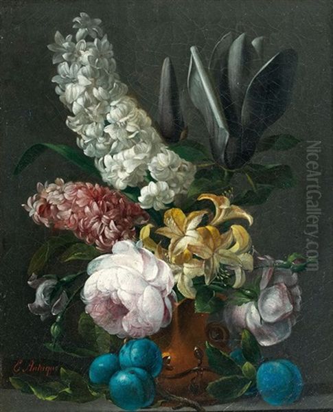 Jacinthes, Magnolias Dans Un Vase Sur Un Entablement Avec Des Prunes Oil Painting by Edouard Joseph Francois Autrique