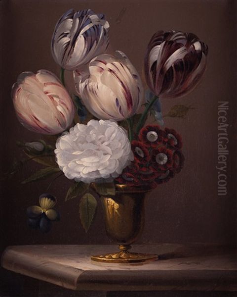 Jarron Con Tulipanes, Peonia, Pensamientos Y Anemonas Oil Painting by Edouard Joseph Francois Autrique