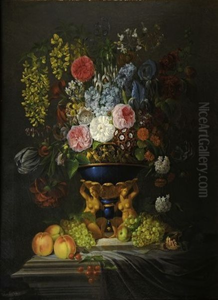 Bouquet De Fleurs (+ Another; Pair) Oil Painting by Edouard Joseph Francois Autrique