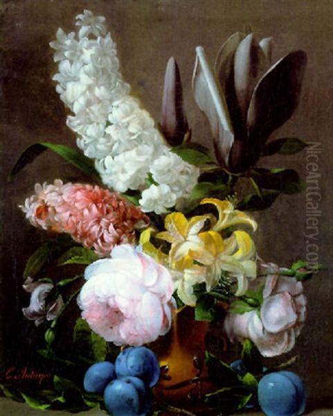 Bouquet De Fleurs Dans Un Vase Sur Un Entablement Oil Painting by Edouard Joseph Francois Autrique